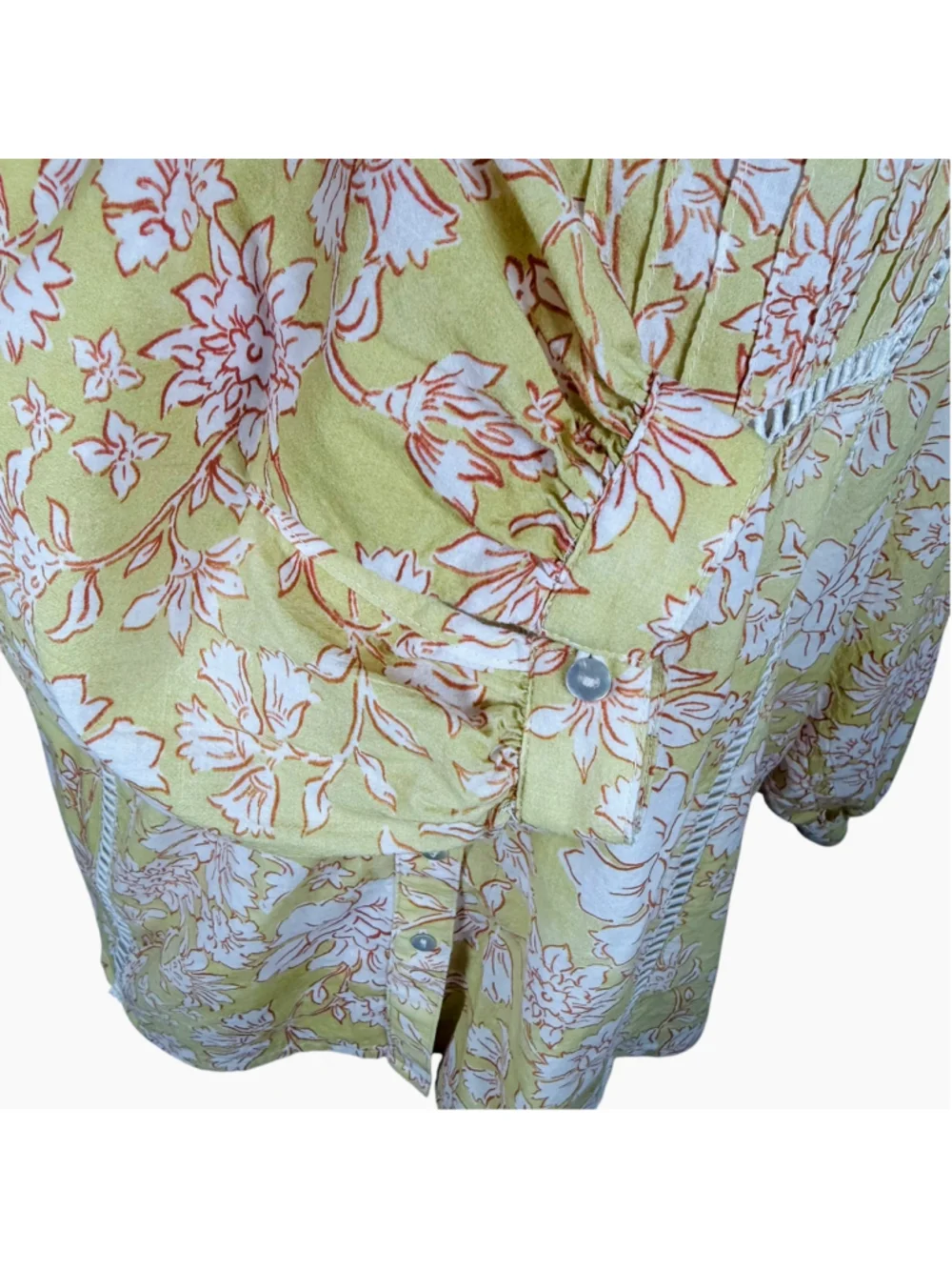 MAYE Paloma Shirt Havana Print Yellow Floral Cotton Pintuck Blouse Boho Size S